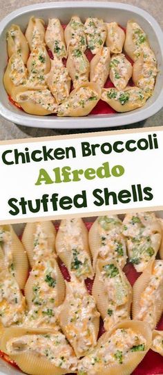 chicken broccoli alfredo stuffed shells in a red pan with the title above it