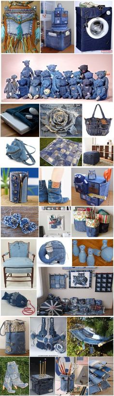 many different types of blue and white furniture are arranged in a collage with images