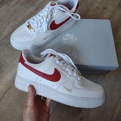 Red Gold Swoosh Custom Air Force 1s-shecustomize Air Force Shoes, Air Shoes, Custom Air Force 1, Nike Air Shoes, Fresh Shoes, Hype Shoes, Cheap Nikes, Aesthetic Shoes, Custom Nikes