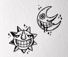 an ink drawing of two smiling moon and sun faces with stars on the bottom one