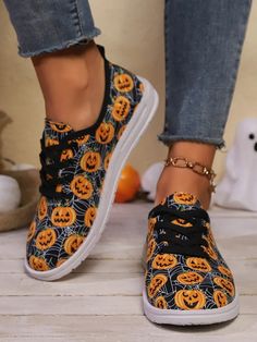 Spooktacular Comfort: Women's Halloween Pumpkin Skull Print Sneakers Comfortable Slip-on Fall Sneakers, Halloween Sporty Low-top Sneakers, Sporty Low-top Halloween Sneakers, Fall Casual Low-top Sneakers, Casual Low-top Sneakers For Fall, Fall Round Toe Sneakers, Black Casual Sneakers For Fall, Casual Black Sneakers For Fall, Casual Black Fall Sneakers