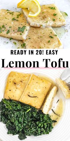 lemon tofu and spinach on a white plate with text overlay reading ready in 20 easy lemon tofu