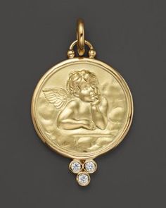 Temple St. Clair 18K Gold 21mm Angel Pendant with Diamonds Coin Frame, Gold Coin Jewelry, Gold Angel, Gold Coin Necklace, Coin Pendant Necklace, Angel Pendant, Gold Fashion Necklace, Coin Jewelry, Diamonds And Gold