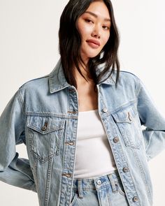 Women's Oversized Denim Trucker Jacket | Women's Coats & Jackets | Abercrombie.com Trucker Jacket Women, Denim Trucker Jacket, Transition Outfits, Trucker Jacket, Women's Coats & Jackets, Women's Coats, Denim Fabric, Travel Outfit, Denim Women