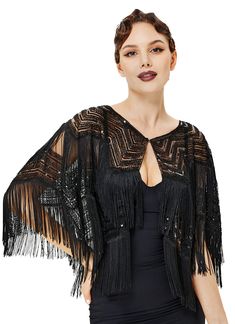 PRICES MAY VARY. Material: high quality polyester with sequins and long fringes. Size: One Size fits most. Feature: Bright color, sparkling sequin embellishments, double-layer fringes, clasp closure. Design: With the similar tones of cloth with sequins and irregular tassels, the Roaring 20s appears on this shawl. Perfect match for a cocktail dress or a party costume. Occasion: Stylish outfit for daily wear, also can be wore as a vintage 1920s flapper outfit for a special event such as Gatsby the Flapper Outfit, The Roaring 20s, Gatsby Headband, Cape For Women, 20s Fashion, Long Fringes, Roaring 20s, Fancy Dresses Party, Warm Scarf