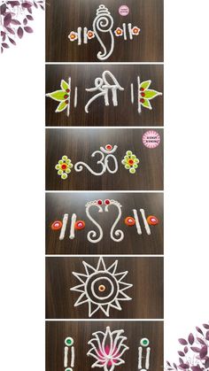 the steps to make diwali with flowers and leaves on wood background - stock photo