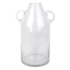 a clear glass vase with an oval handle on the top and curved handles at the bottom