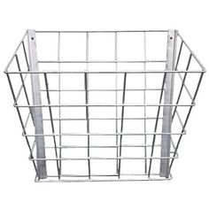 a metal wire basket on a white background with clippings to the side for storage