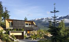 the house is surrounded by trees and mountains