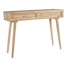 a wooden desk with two drawers on one side and an open drawer on the other