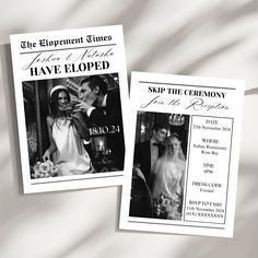 two wedding flyers with the same photo on them, one for each bride and groom