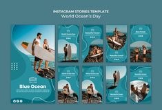 blue ocean instagram stories template with people holding surfboards and standing on the rocks