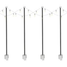 four different types of garden tools hanging on a line with lights in the shape of hearts