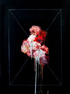 an abstract painting with pink and red flowers in the center, dripping paint on black background