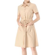 The casual, elegant look of this pretty dress will keep you looking great all the time. The short-sleeve shirt dress is cut with a relaxed silhouette and features a drawstring to cinch in the waist and plenty of practical pockets. Pair it with ankle boots or heels for a chic silhouette. Perfect for spring, summer, and autumn, and it is also suitable for any occasion. Beige Casual Dress, Drawstring Waist Dress, Short Sleeve Dress Shirt, Pretty Dress, Mini Shirt Dress, Waist Dress, Above Knee, Pretty Dresses, Jumpsuit Dress