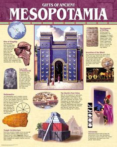 a poster with pictures of ancient mesootama and other things to see in it