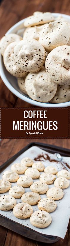 coffee meringues on a baking sheet and in a pan with the title overlay