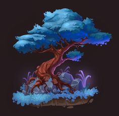 a tree that is sitting in the middle of some rocks and grass with blue leaves on it