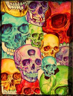 a drawing of many different colored skulls