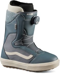 the snowboard boots are blue and grey