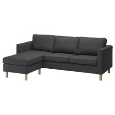 a gray couch with wooden legs and a chaise lounger on the bottom right