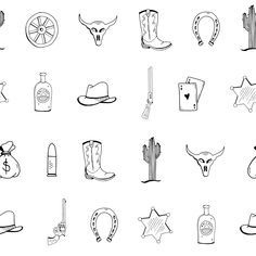 cowboy related items are shown in this black and white drawing set, including boots, hat, lasso, texas flag, bottle