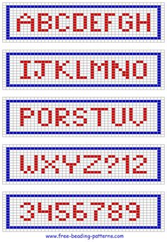 cross stitch alphabets in red, white and blue with the letters to each letter