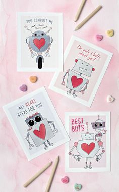 three valentine cards with the words best bots on them next to some pencils