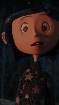 an animated character with black hair and stars on it's shirt, staring at the camera