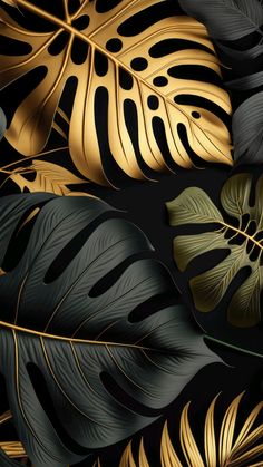 gold and black leaves are arranged on a black background, with the same color scheme