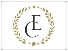 the letter e in a wreath with stars and leaves around it on a white background