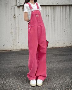 Lasaky - Pink Denim Overalls: Sweet, Loose-Fitting, High-Waisted Wide-Leg Trousers Pink Wide Leg Trousers, Suspenders Outfit, Jean Pocket Designs, Pink Suspenders, Suspender Jeans, Pink Overalls, Strap Pants, Summer Pants Women, Overall Jumpsuit