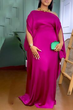 Plus Size Semi Formal Dress Magenta Solid One Shoulder Split Sleeve Maxi Dress Kampala Kaftan Styles For Women, Plus Size Gala Dress, Curvy Casual Outfits, Stylish Maxi Dress, Evening Wear Dresses, Chic Dress Classy, Classy Gowns, Magenta Dress, Lace Gown Styles