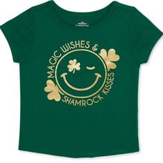 Magic Wishes And Shamrock Kisses Girls Size 5 T Toddler St Paddys Day All Irish Day All March All Year Short Sleeve Graphic Green T-Shirt & Glitter Gold Lettering On Front Sz 5t Wink Wink Shiny Gold Graphic Smiley Face And Clovers Back Is Solid Green What A Lucky Find Just In Time For St. Patrick’s Day! This Short Sleeve Graphic Tee From Way To Celebrate! Features Pullover Styling With A Crewneck. This Comfy Tee Shirt Is Perfect To Pair With The Way To Celebrate! St. Patrick's Day Print Leggings St Patricks Day Shirts For Kids, Comfy Tee Shirts, Little Charmers, Toddler Girl Shorts, Wink Wink, St Paddys, St Pats, Girls Graphic Tee, Solid Green