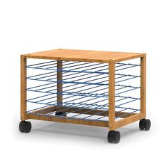 a small wooden cart with blue wire on the top and bottom shelf, in front of a white background