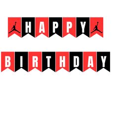 the happy birthday banner is red and black with an image of a skier on it