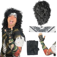 PRICES MAY VARY. [COMPLETE] Unleash your inner rockstar with Watt's Wigs - the ultimate 80s hair metal costume kit! It's got it all: a wild curly wig, a groovy paisley headband, a rebellious color tattoo sleeve, and a badass biker glove. It's more rock 'n' roll than a mosh pit at a spandex convention! [HAIR METAL] Transport yourself to the era of big hair and even bigger guitar solos. Perfect for Halloween bashes, 1980s throwback parties, concerts, and just plain rocking your world. [MATERIAL] O Color Tattoo Sleeve, Pop Rock Princess, Rocker Costume, Metal Costume, 80s Hair Metal, Glam Rock Bands, Biker Gloves, Throwback Party, Black Curly Wig