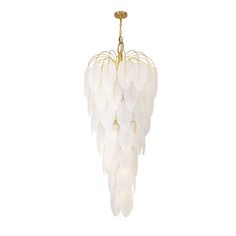 a chandelier with white feathers hanging from it's center point on a gold chain