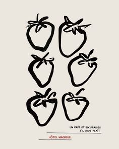 four strawberries drawn in black and white on a piece of paper with words written below