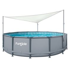 an above ground swimming pool with a canopy over it and the word funcile written on