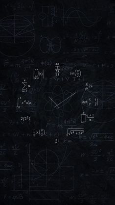 the blackboard has many calculations written on it and is full of numbers, shapes, and other things