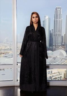 black Wrap dress us Long Black Abaya For Spring, Black Long Abaya For Spring, Long Black Spring Abaya, Spring Black Long Abaya, Chic Black V-neck Kimono, Elegant Long Robe For Night, Elegant Long Night Robe, Elegant Black Satin Kimono, Black Silk Long Sleeve Robe