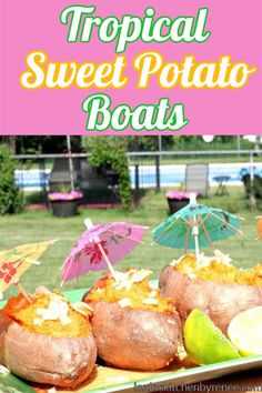 tropical sweet potato boats with limes and umbrellas