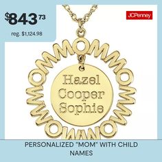 Her children are her world as is embodied in this personalized pendant necklace.Personalize: 3 name maximum; 8 letters maximum per nameFeatures: Family Jewelry, Personalized, EngraveableShape: CircleMetal Color: YellowChain Length: 18 InchChain Width: .85 MillimetersChain Construction: RopeMetal: 10k GoldNecklace Type: Pendant NecklacesAssembled in the US from Imported Materials Child Names, Personalized Pendant Necklace, Family Jewelry, Family Jewellery, Jewelry Personalized, Personalized Pendant, Mom Jewelry, Her World, Kid Names