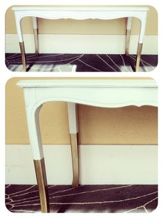 two white tables with gold legs against a wall