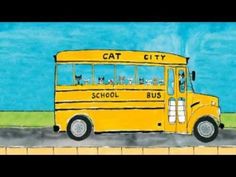 a drawing of a yellow school bus with cats on the front and back windows, driving down a street