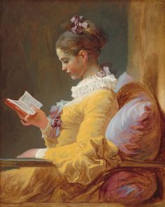 a painting of a woman reading a book in a yellow dress and white ruffled collar