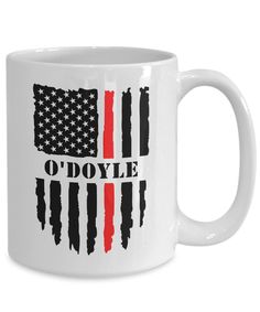 a white coffee mug with an american flag and the words o'doyle on it