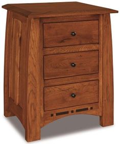 a wooden night stand with three drawers on one side and an open drawer on the other