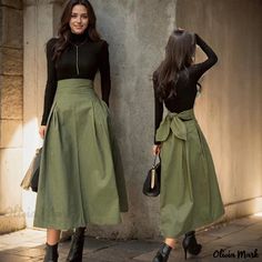 Olivia Mark - Dramatic Asymmetrical Wrap Dress in Military Green Rok Outfit, Green Outfits, Womens Wrap Dress, Long Skirt Outfits, Trendy Skirts, Mode Casual, Long Skirts For Women, Fashion Attire, Modest Fashion Outfits